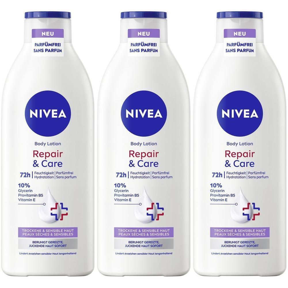 Drei Flaschen Nivea Repair & Care Body Lotion parfümfrei.