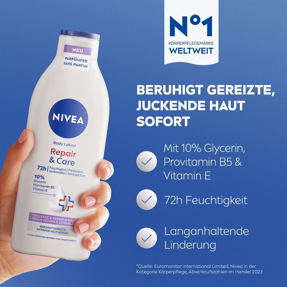 Hand hält Nivea Repair & Care Body Lotion. Mit 10% Glycerin, Provitamin B5, Vitamin E, 72h Feuchtigkeit.