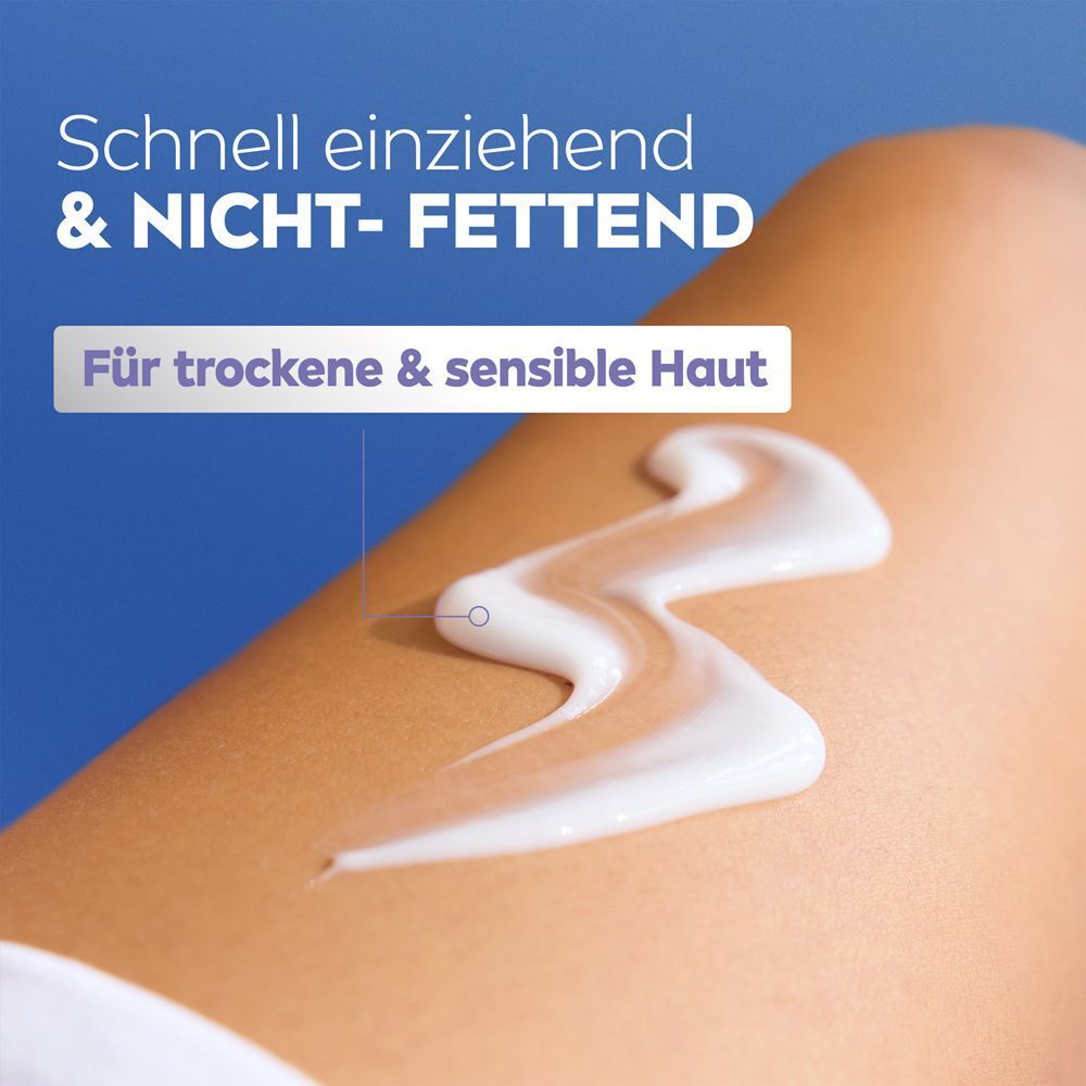 Nivea Repair & Care Body Lotion auf Haut aufgetragen. Zieht schnell ein, nicht fettend.