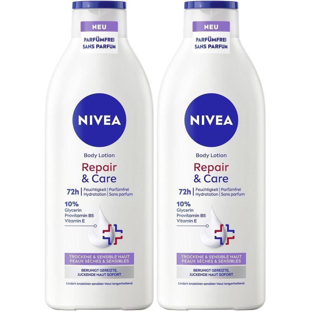 Zwei Flaschen NIVEA Repair & Care Body Lotion parfümfrei, 72h Feuchtigkeit, 10% Glycerin, Provitamin B5, Vitamin E.