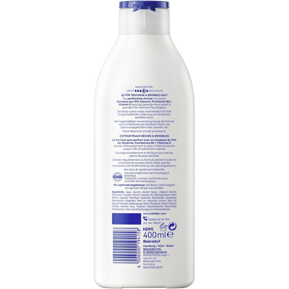 Rückseite einer Flasche NIVEA Repair & Care Body Lotion parfümfrei. Enthält Inhaltsstoffe und Anwendungshinweise. 400ml.