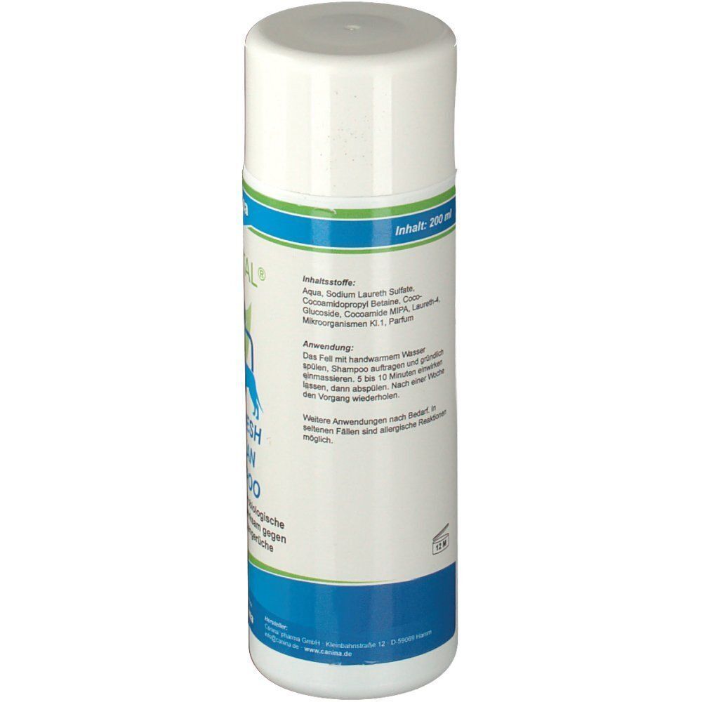 Rückseite einer Flasche Canina PETVITAL BIO-FRESH & CLEAN SHAMPOO mit Inhaltsstoffen und Anwendungshinweisen.