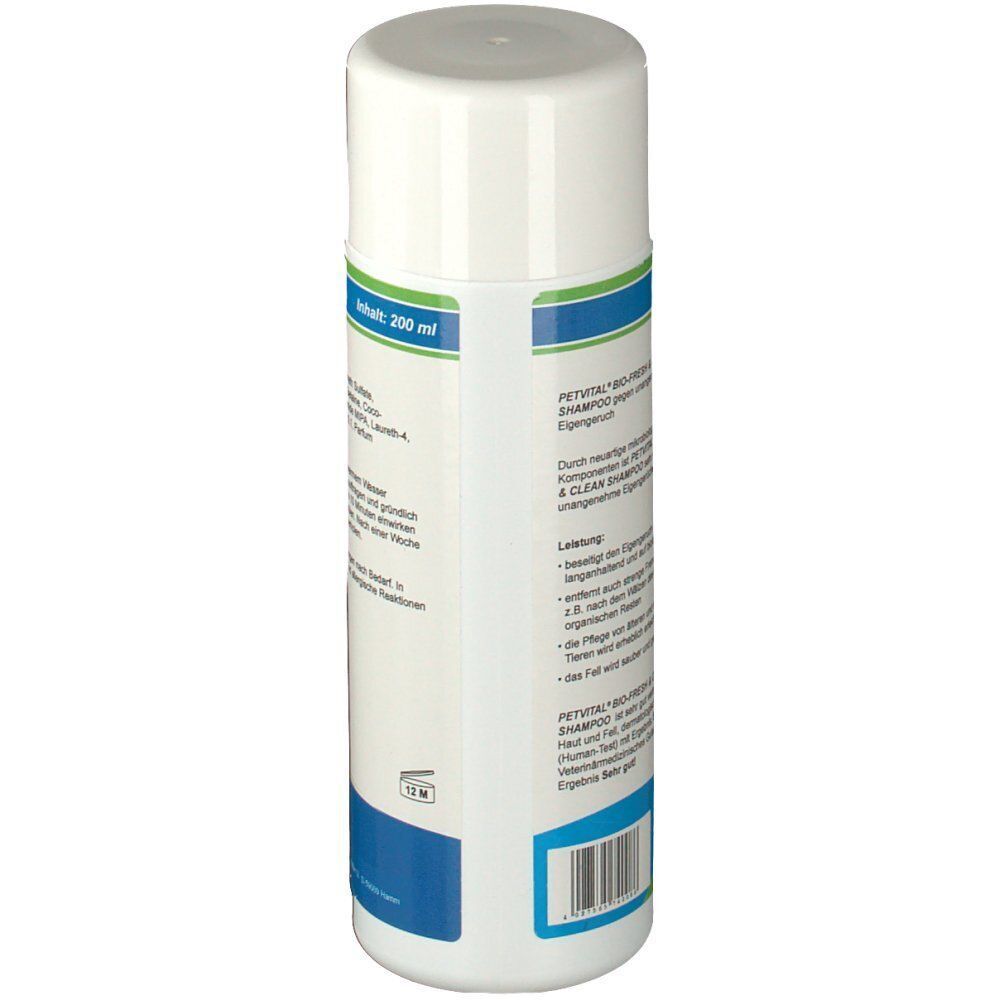 Seitenansicht einer Flasche Canina PETVITAL BIO-FRESH & CLEAN SHAMPOO mit Barcode und Produktinformationen.