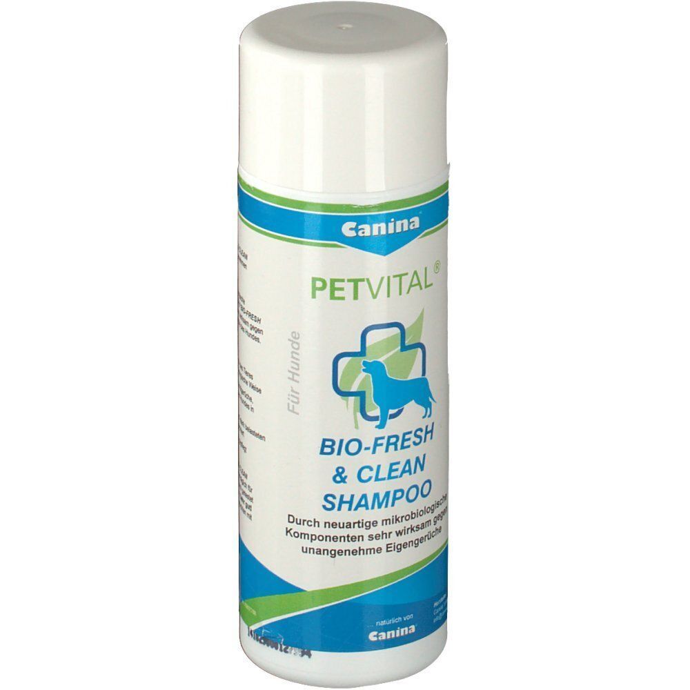 Vorderseite einer Flasche Canina PETVITAL Bio-Fresh & Clean Shampoo mit Hundesymbol und Produktbezeichnung.