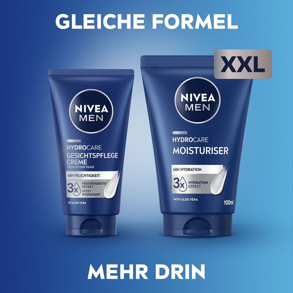 Vergleich von NIVEA MEN HydroCare Feuchtigkeitscreme in Standard- und XXL-Größe.