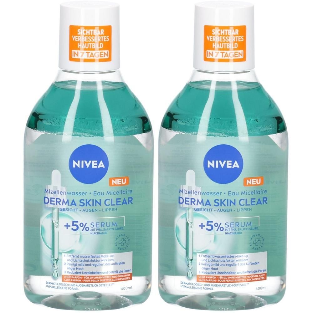 Zwei Flaschen Nivea Derma Skin Clear Mizellenwasser mit +5% Serum.