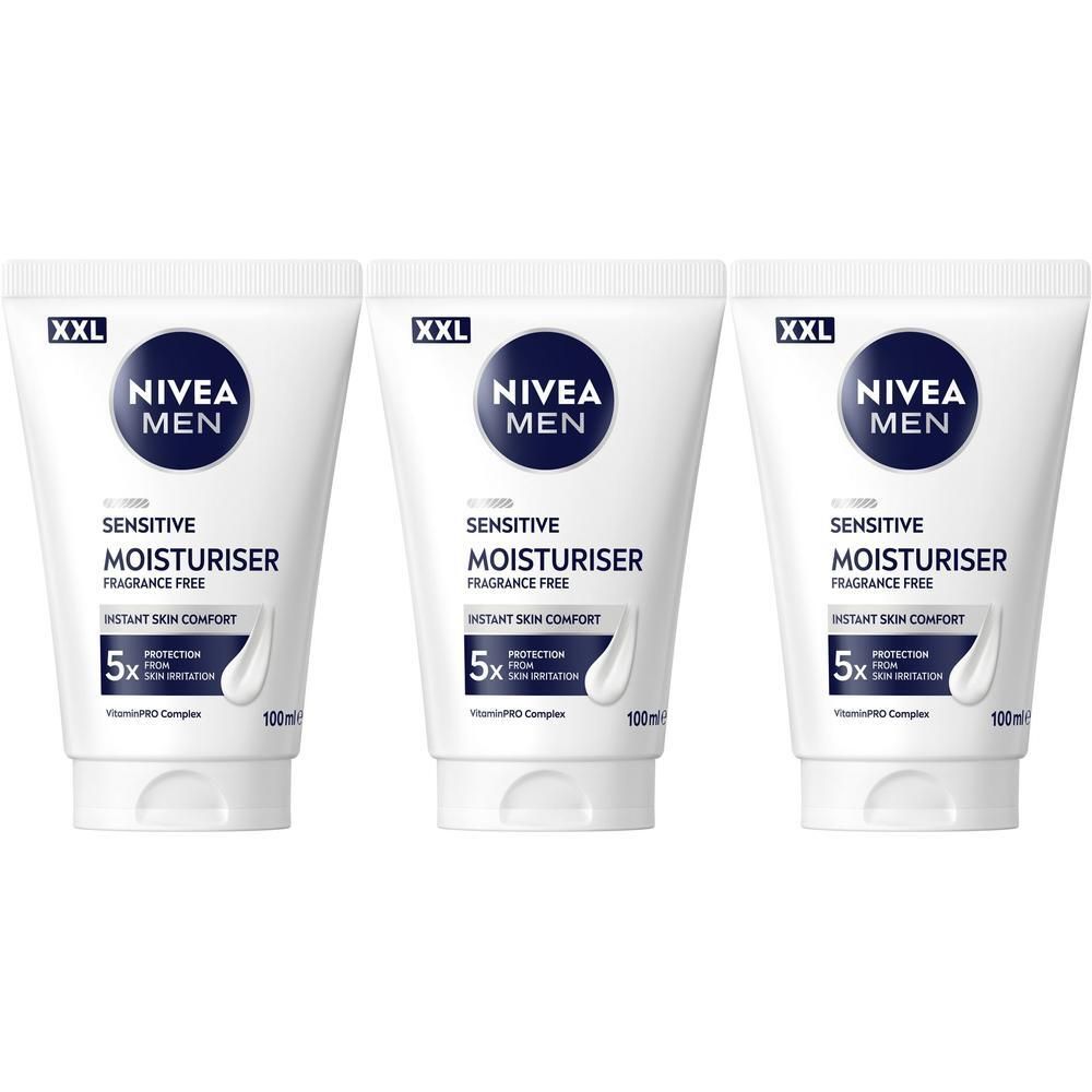 Drei Tuben NIVEA MEN Sensitive Feuchtigkeitscreme, je 100ml, mit XXL-Kennzeichnung.