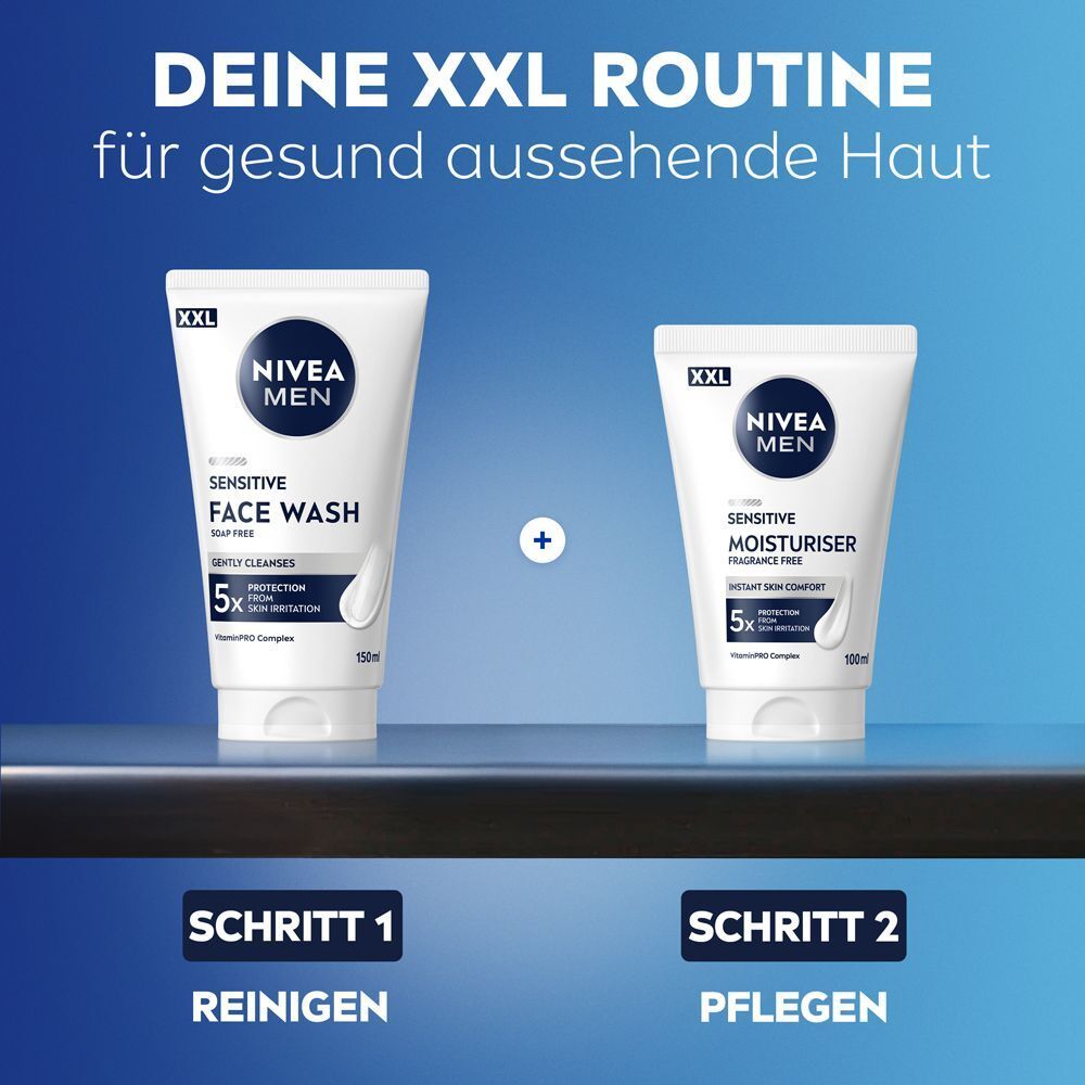 NIVEA MEN Sensitive Face Wash und Feuchtigkeitscreme für die XXL Routine: Reinigen und Pflegen.