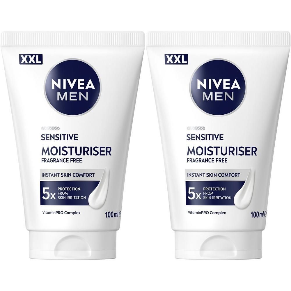 Zwei Tuben NIVEA MEN Sensitive Feuchtigkeitscreme, je 100ml, mit XXL-Kennzeichnung.