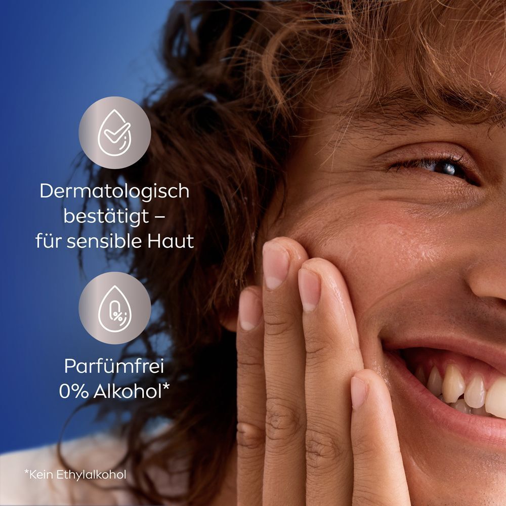 Mann mit glatter Haut, neben Symbolen für "Dermatologisch bestätigt" und "Parfümfrei 0% Alkohol".