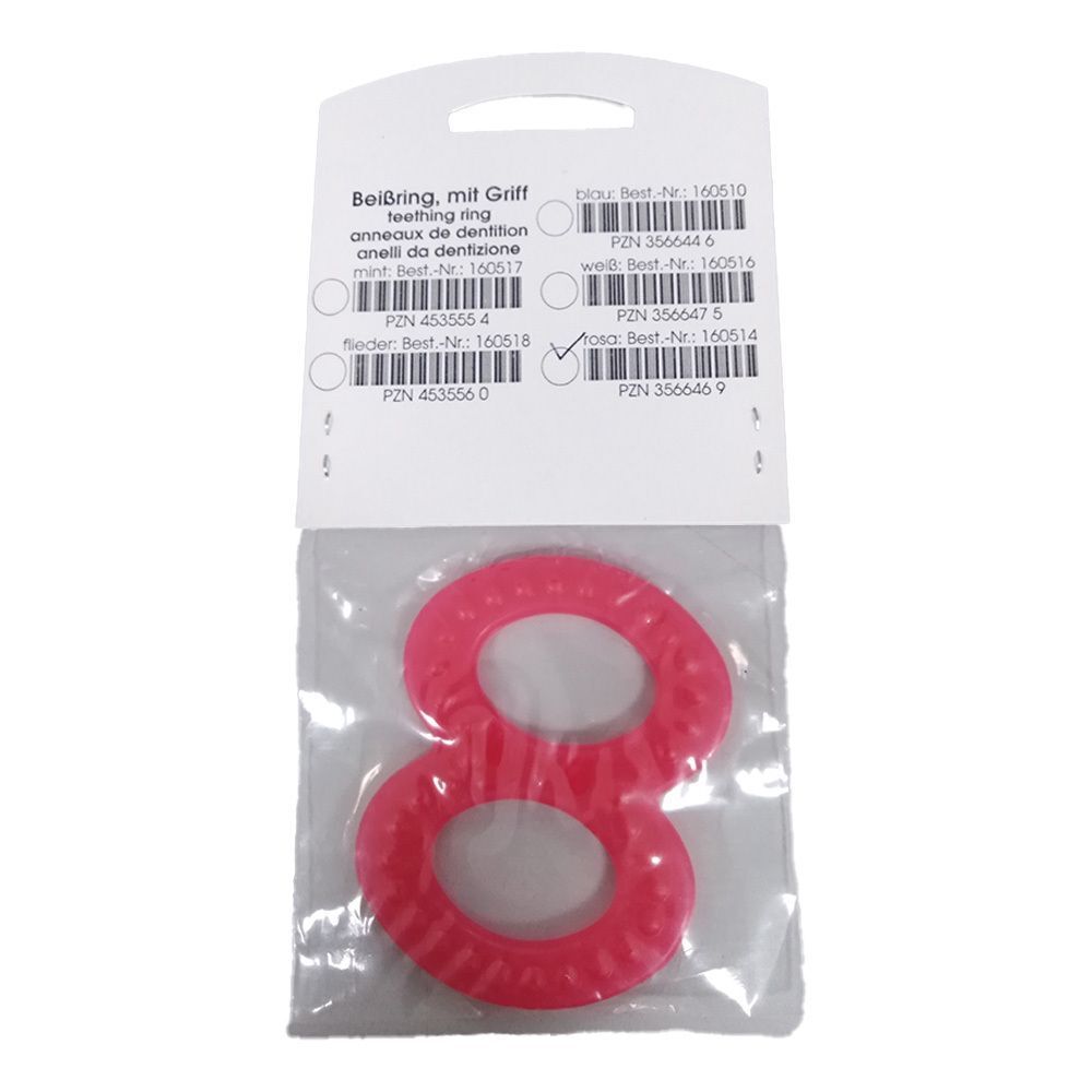 Ein rosa Beissring in 8-Form mit Griff, verpackt mit Produktinformationen.