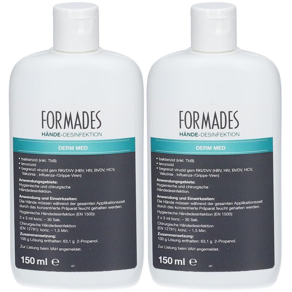 Zwei weiße Flaschen Formades Derm Med Hände-Desinfektion, 150 ml.