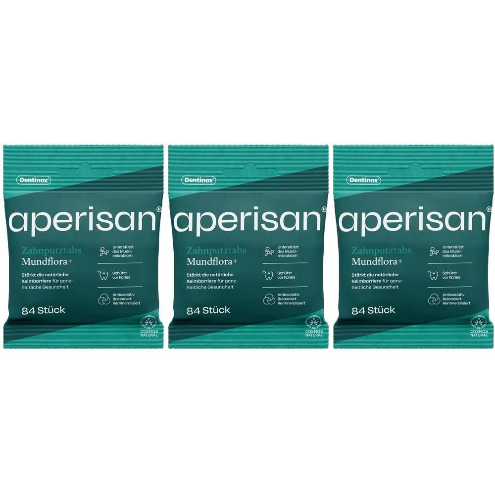 Drei Packungen Aperisan Zahnpflege-Tabs Mundflora+ mit je 84 Stück.