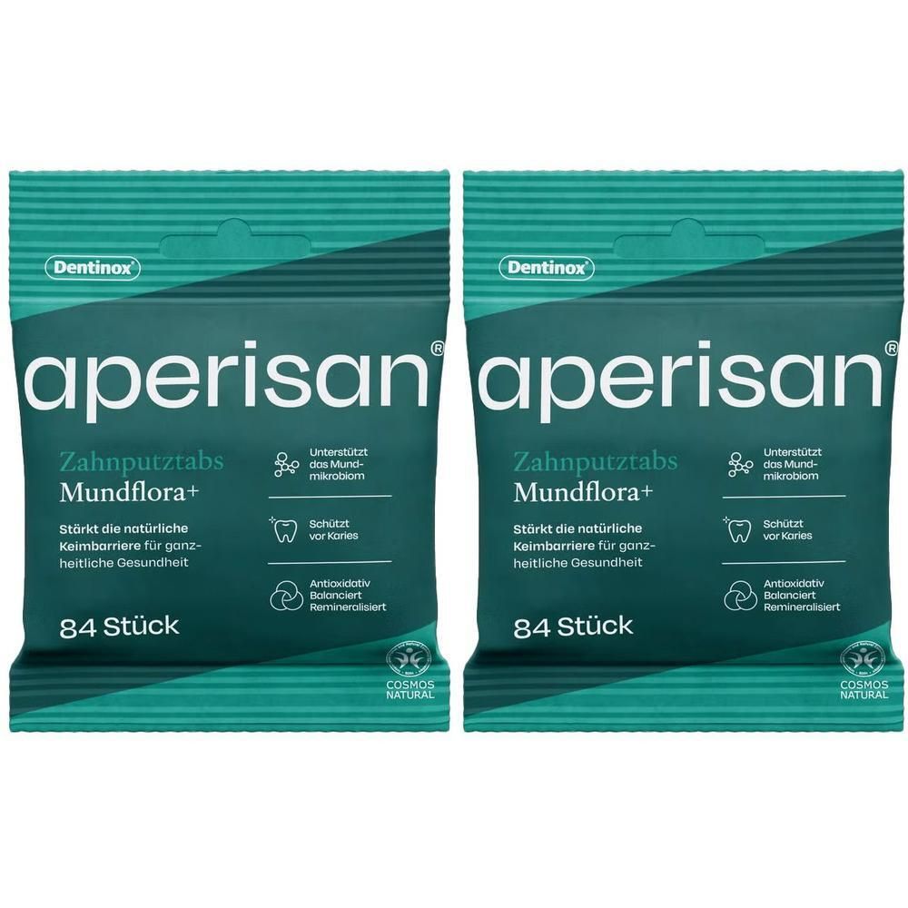 Zwei Packungen Aperisan Zahnputztabs Mundflora+ mit je 84 Stück. Unterstützt das Mundmikrobiom und schützt die Keimbariere.