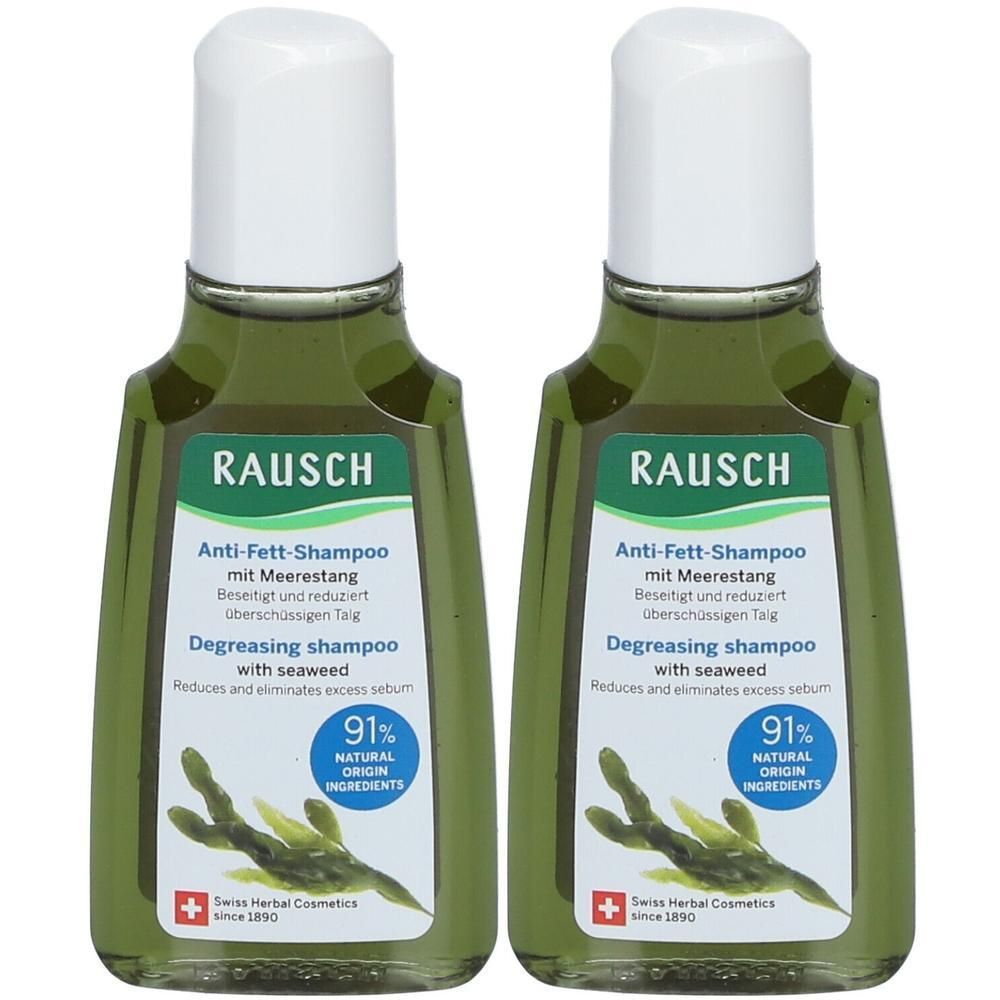 Zwei Flaschen RAUSCH Anti-Fett-Shampoo mit Meerestang. 91% natürliche Inhaltsstoffe.