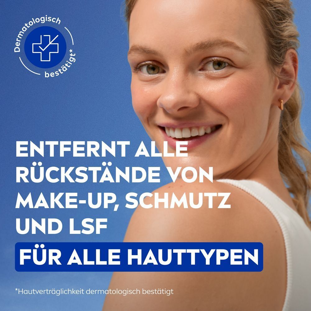 Frau mit strahlender Haut, NIVEA Reinigungstücher entfernen Make-up, Schmutz und LSF für alle Hauttypen.