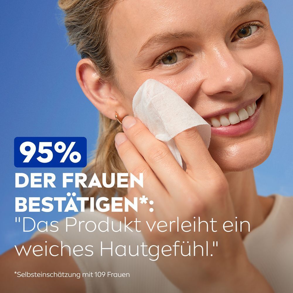 Frau benutzt NIVEA Reinigungstuch; 95% bestätigen weiches Hautgefühl.