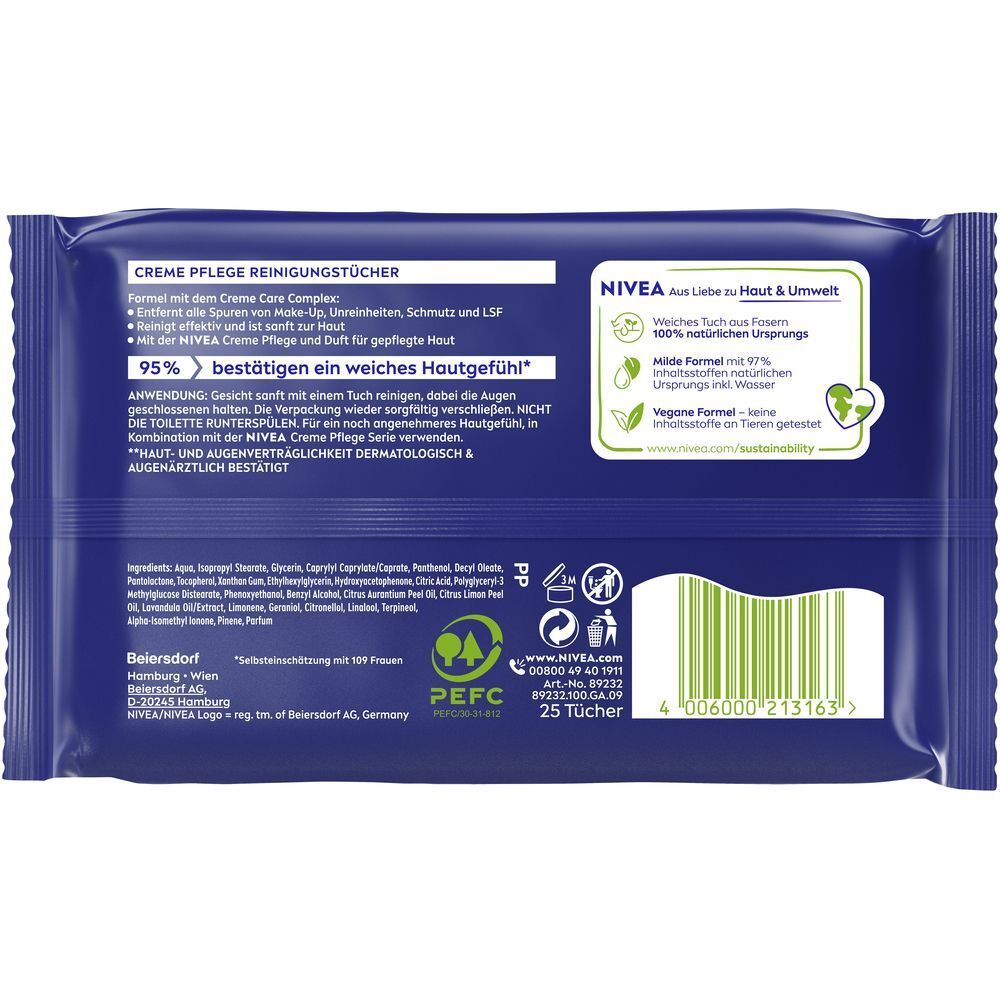 Rückseite einer Packung NIVEA Reinigungstücher Creme Pflege mit Inhaltsstoffen und Umweltinformationen.
