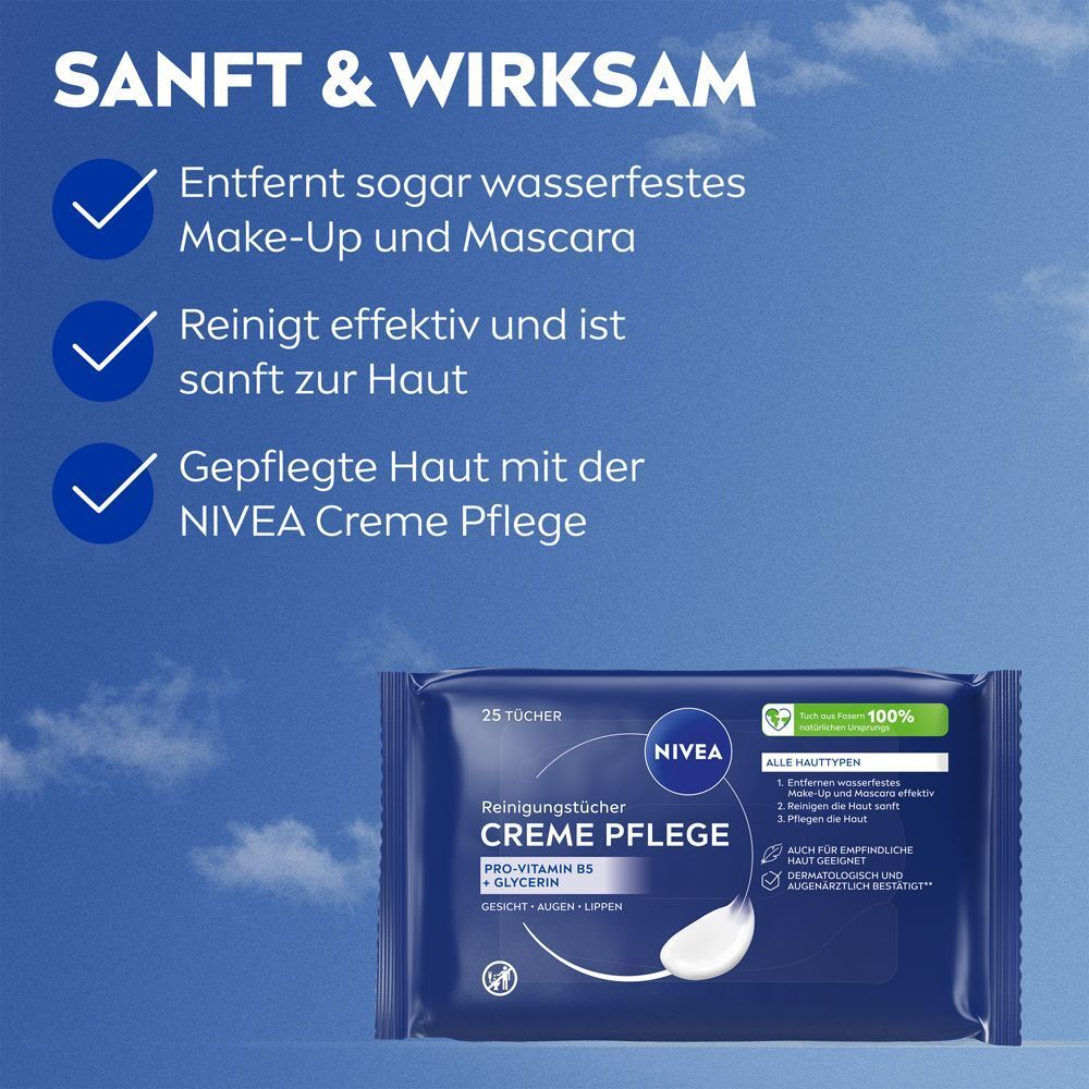 Packung NIVEA Reinigungstücher Creme Pflege mit Aufschrift 'Sanft & Wirksam'.