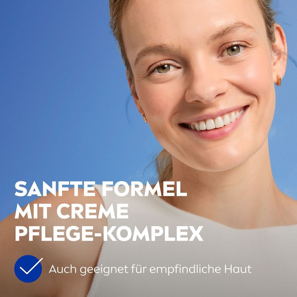 Frauengesicht mit Text 'Sanfte Formel mit Creme Pflege-Komplex'.