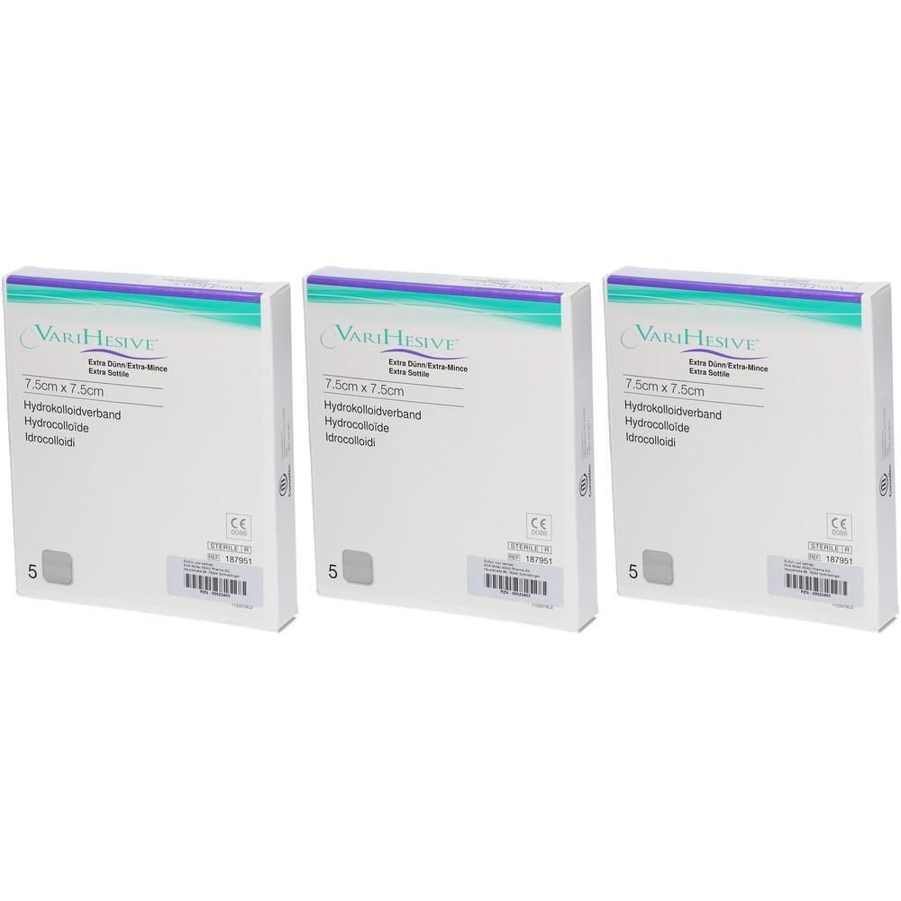 Drei Packungen VARIHESIVE Hydrokolloid-Verband, 7,5x7,5 cm.