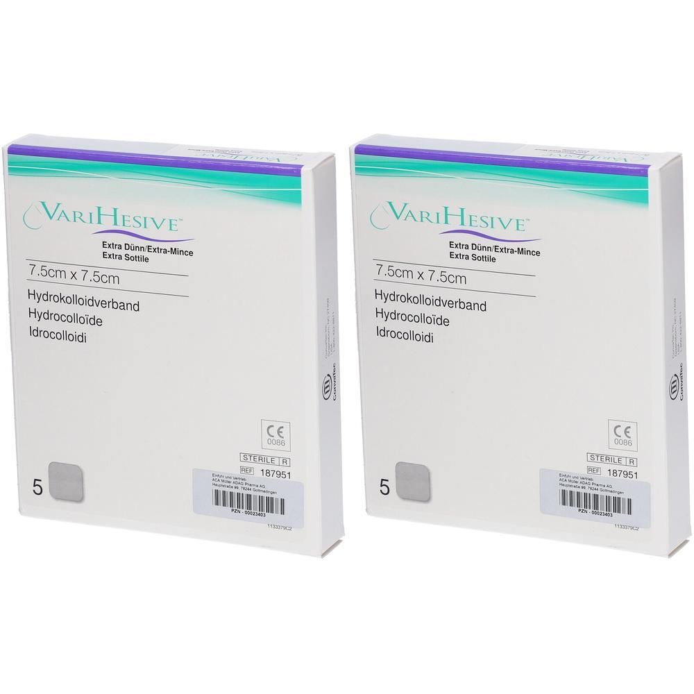 Zwei Packungen Varihesive Hydrokolloidverband, 7,5x7,5 cm, extra dünn.