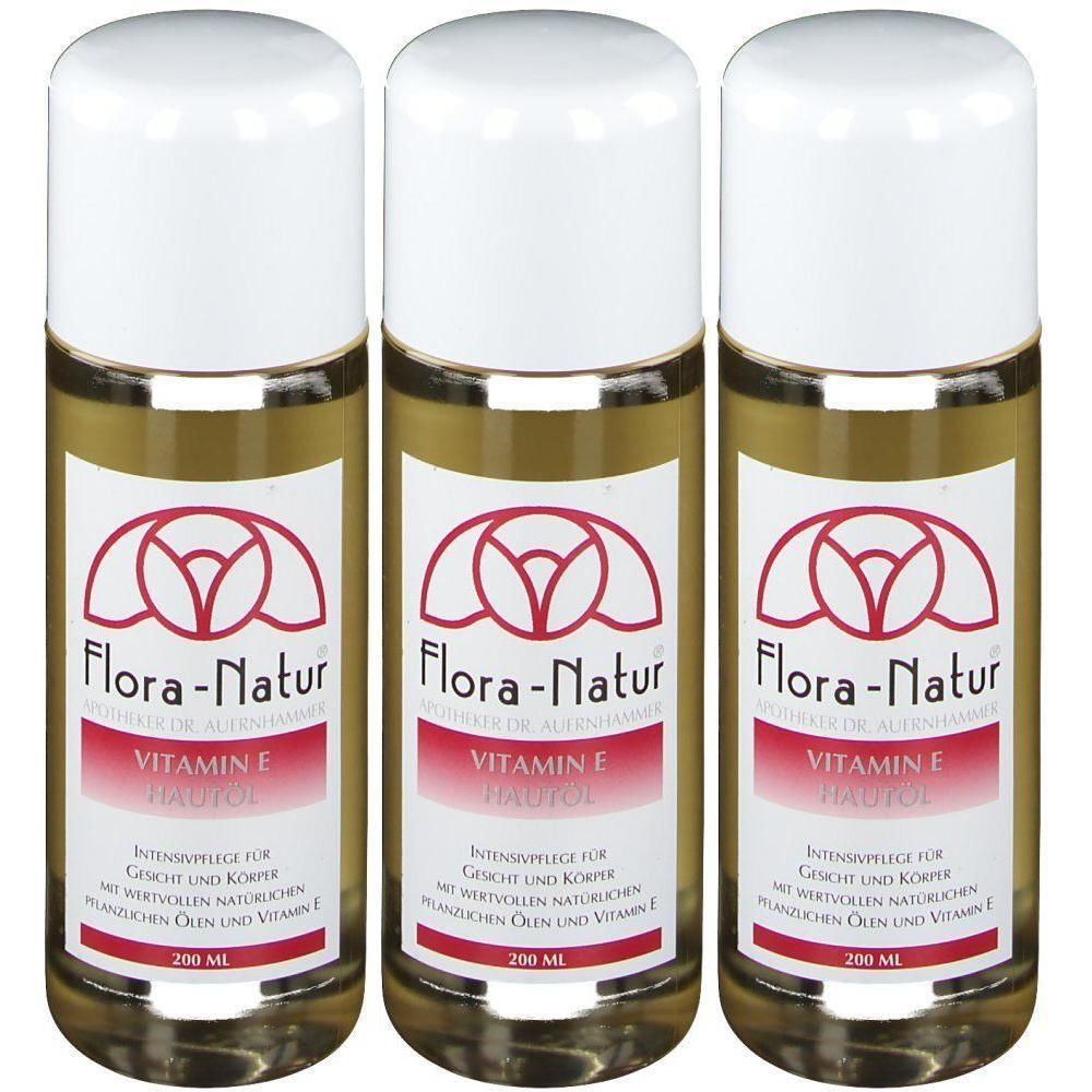 Drei Flaschen Flora-Natur Vitamin E Hautöl, je 200 ml.