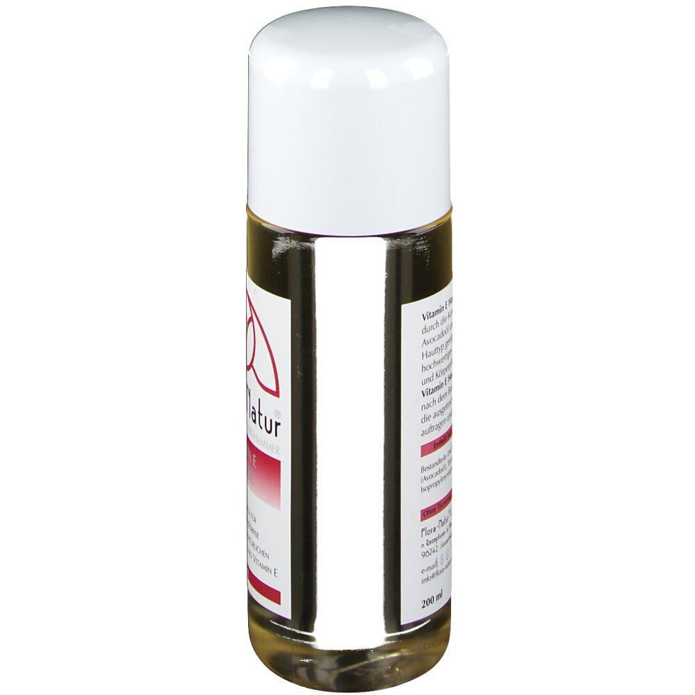 Eine Flasche Flora-Natur Vitamin E Hautöl, 200 ml, Seitenansicht.