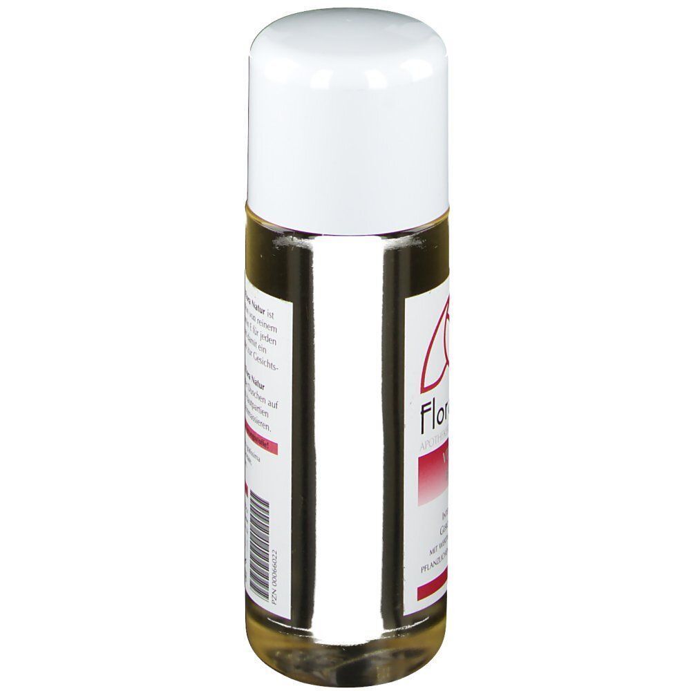 Eine Flasche Flora-Natur Vitamin E Hautöl, 200 ml, schräg von hinten.