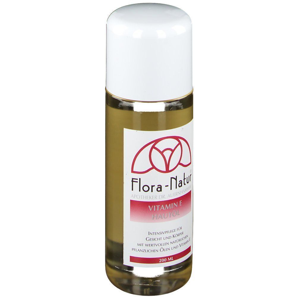 Eine Flasche Flora-Natur Vitamin E Hautöl, 200 ml, Vorderansicht.