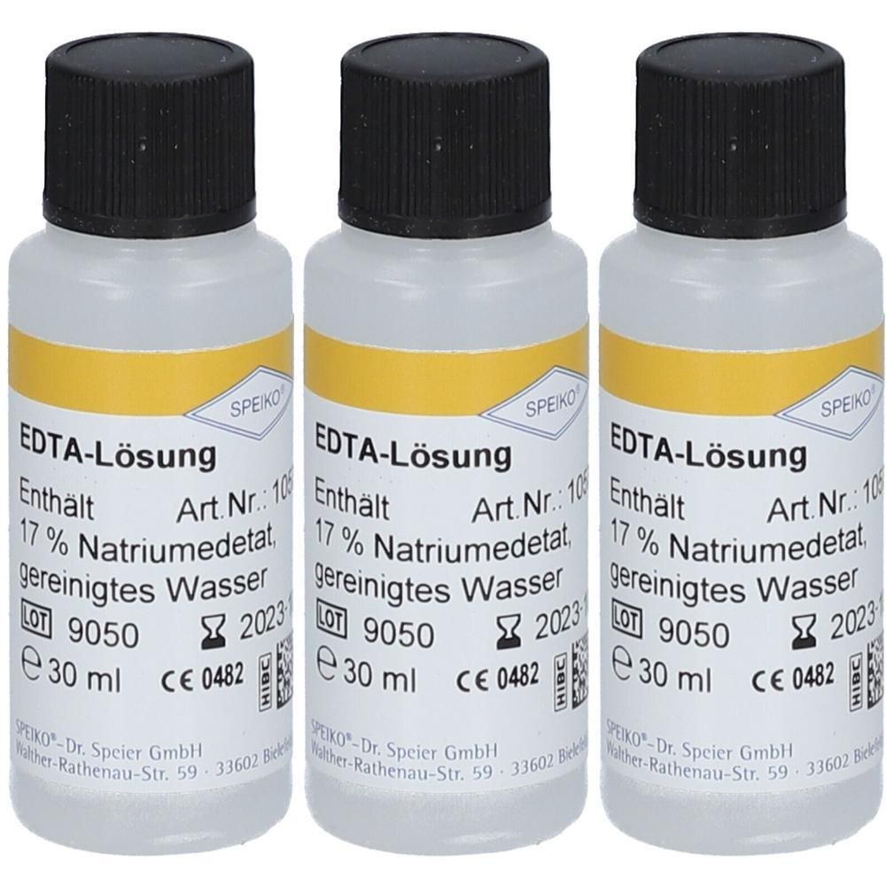 Drei Flaschen EDTA-Lösung, jeweils 30 ml, mit gelbem Etikett und schwarzen Kappen.