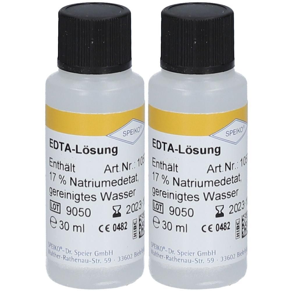 Zwei Flaschen EDTA-Lösung, je 30 ml, mit schwarzem Deckel und gelbem Etikett. Enthält 17% Natriumetadat in gereinigtem Wasser.