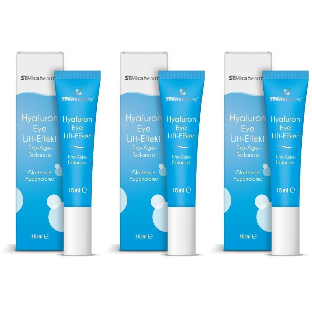 Drei Tuben SOVITA Hyaluron Eye Lift-Effekt Augencreme (15ml) mit Faltschachteln.