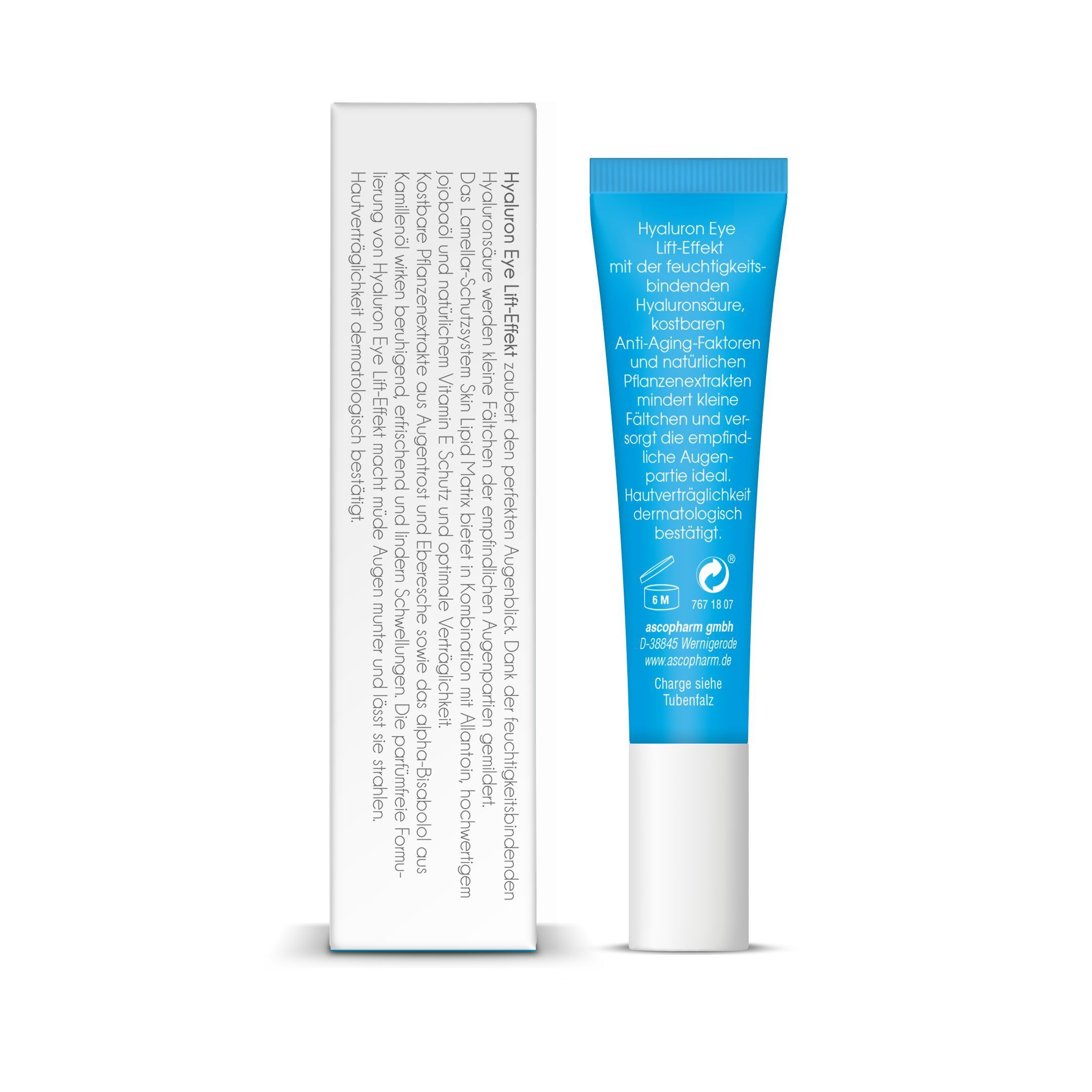 Rückseite einer Tube und eines Kartons SOVITA Beauty Hyaluron Eye Lift-Effekt Augencreme.