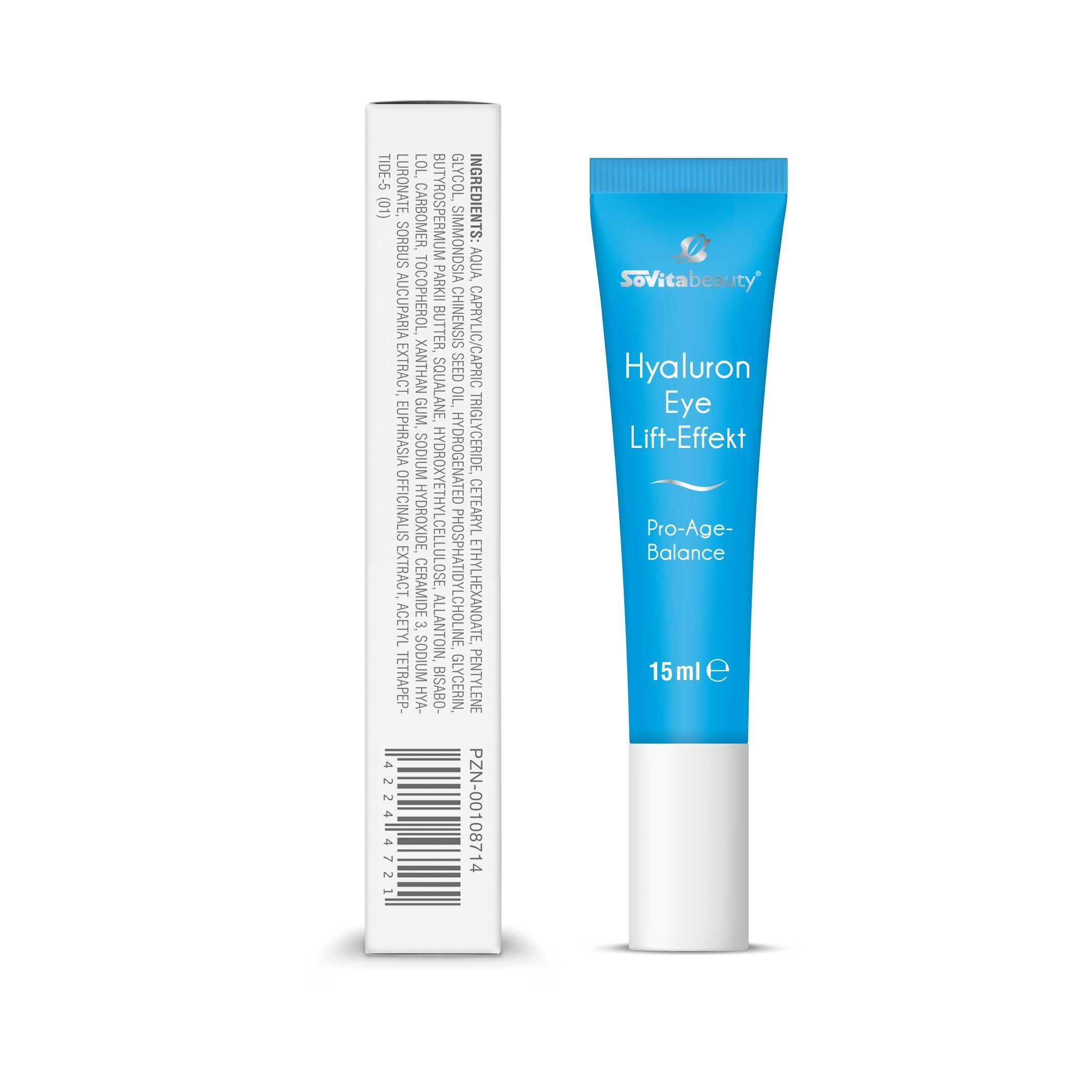 Tube und Karton SOVITA Beauty Hyaluron Eye Lift-Effekt Augencreme mit Inhaltsstoffliste.