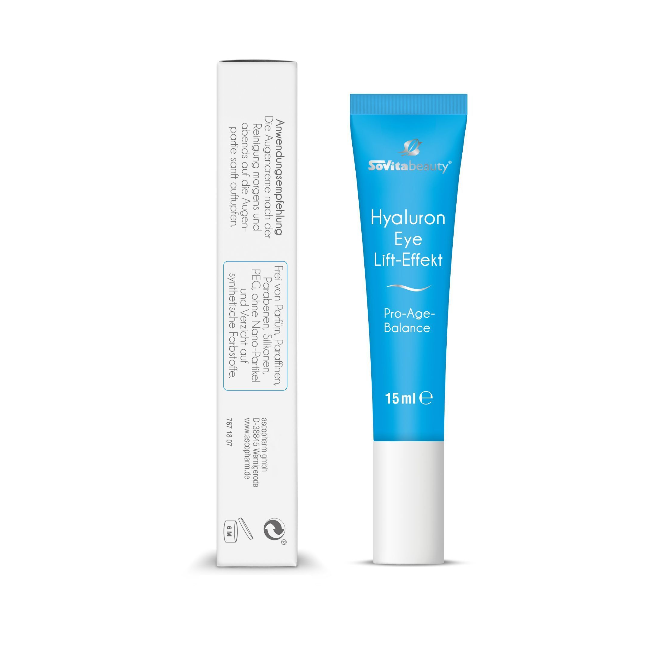 Tube und Karton SOVITA Beauty Hyaluron Eye Lift-Effekt Augencreme mit Anwendungshinweisen.