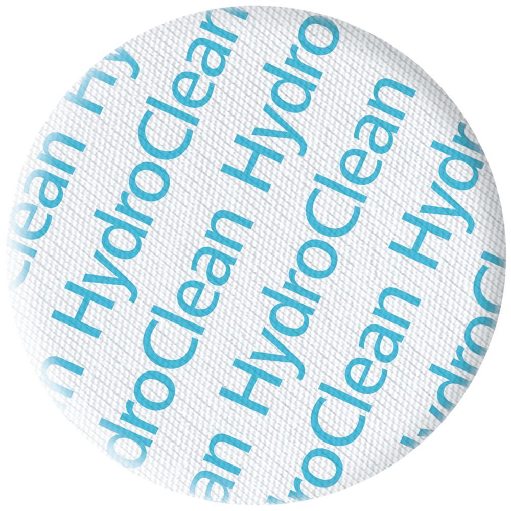 Eine runde HydroClean® Kompresse mit blauem Schriftzug auf weißem Hintergrund.