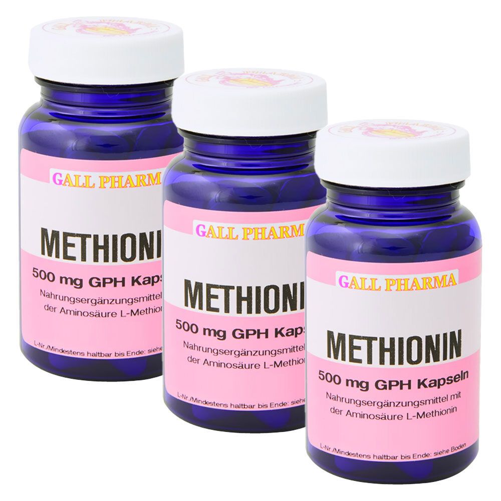 Drei blaue Flaschen mit GPH Kapseln, 500 mg L-Methionin.