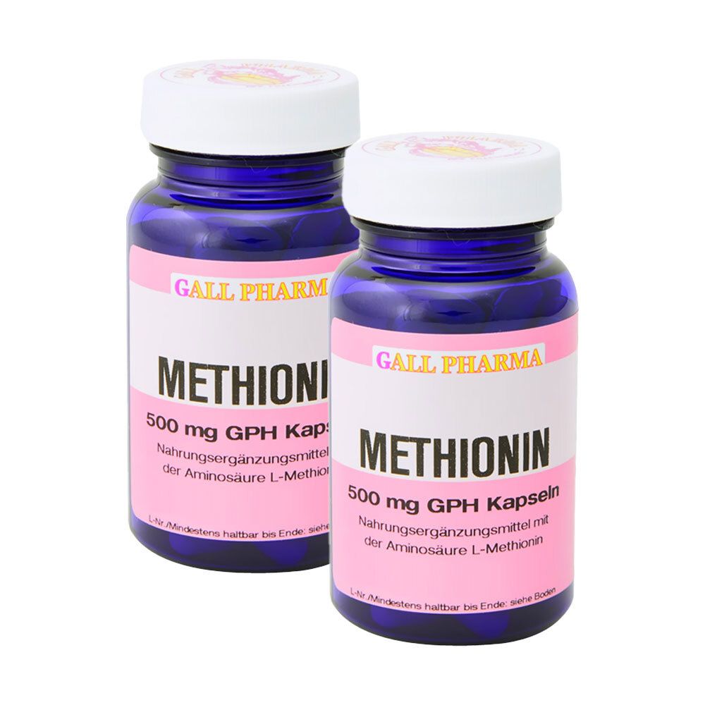 Zwei blaue Flaschen mit Gall Pharma Methionin 500 mg GPH Kapseln. Beschriftung auf rosa Etikett.
