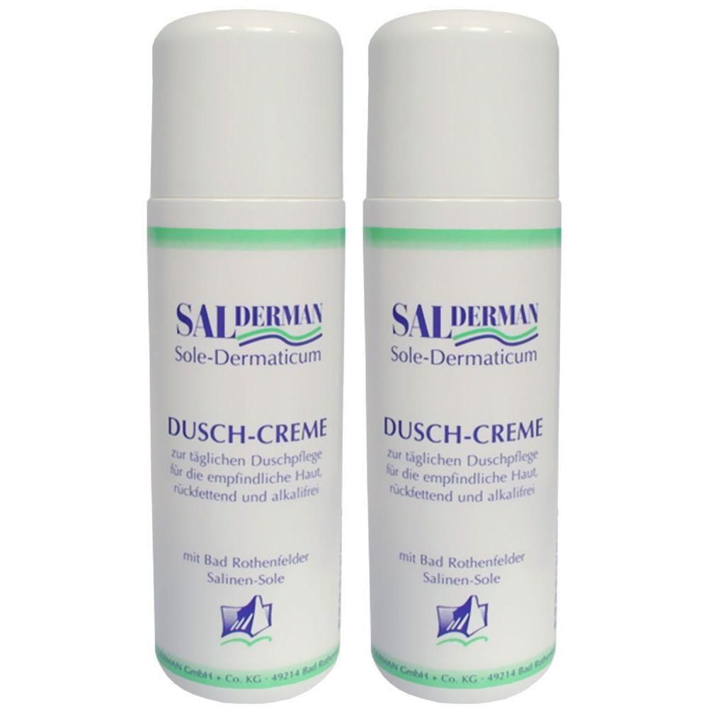 Zwei weiße Spender mit Salderma Sole-Dermaticum Dusch-Creme. Beschriftung auf Deutsch.