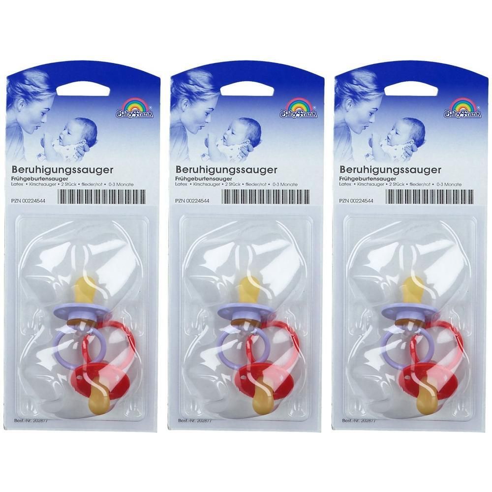 Drei Baby-Frank® Beruhigungssauger in Kirschform, Latex, 0-3 Monate, flieder/rot.