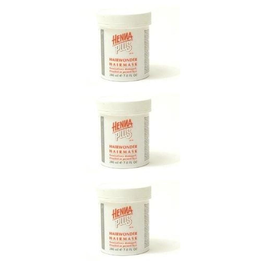 Drei weiße Tiegel mit Hennaplus Hairwonder Haarmaske, 280 ml.