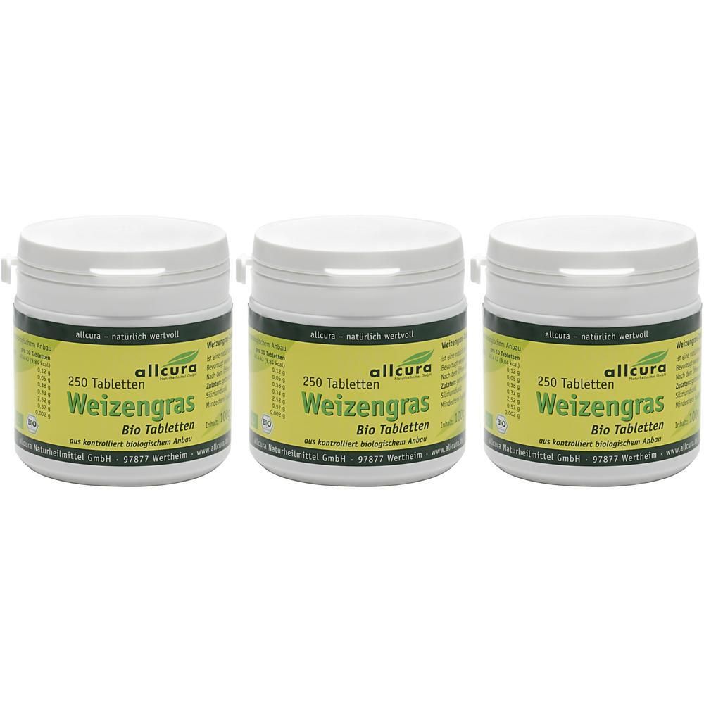 Drei Behälter mit allcura Weizengras Bio Tabletten, jeweils 250 Tabletten.