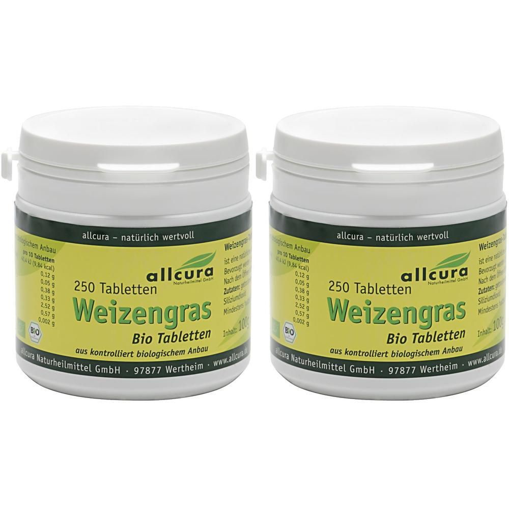 Zwei Dosen allcura Weizengras Bio Tabletten, jeweils 250 Tabletten.
