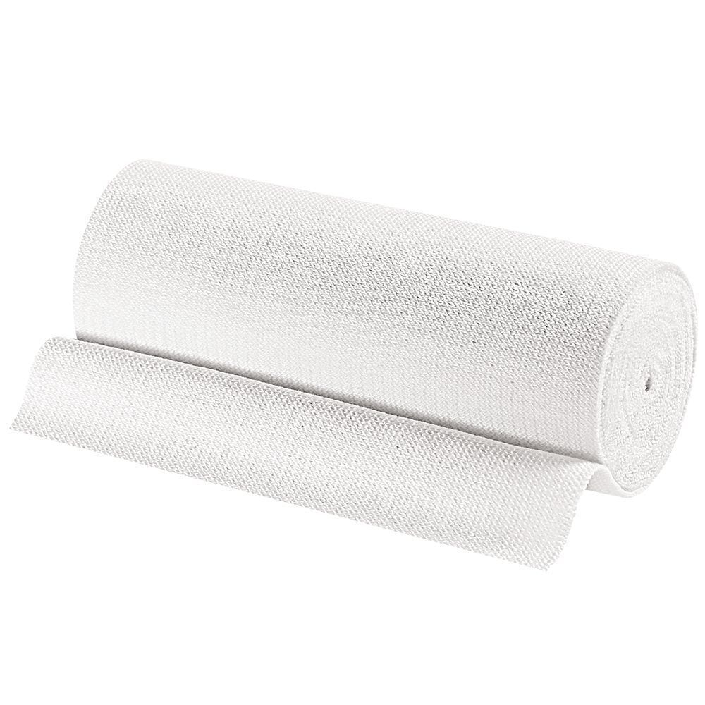 Eine aufgerollte Idealbinde, weiß, textiler Verbandstoff, 12 cm breit.