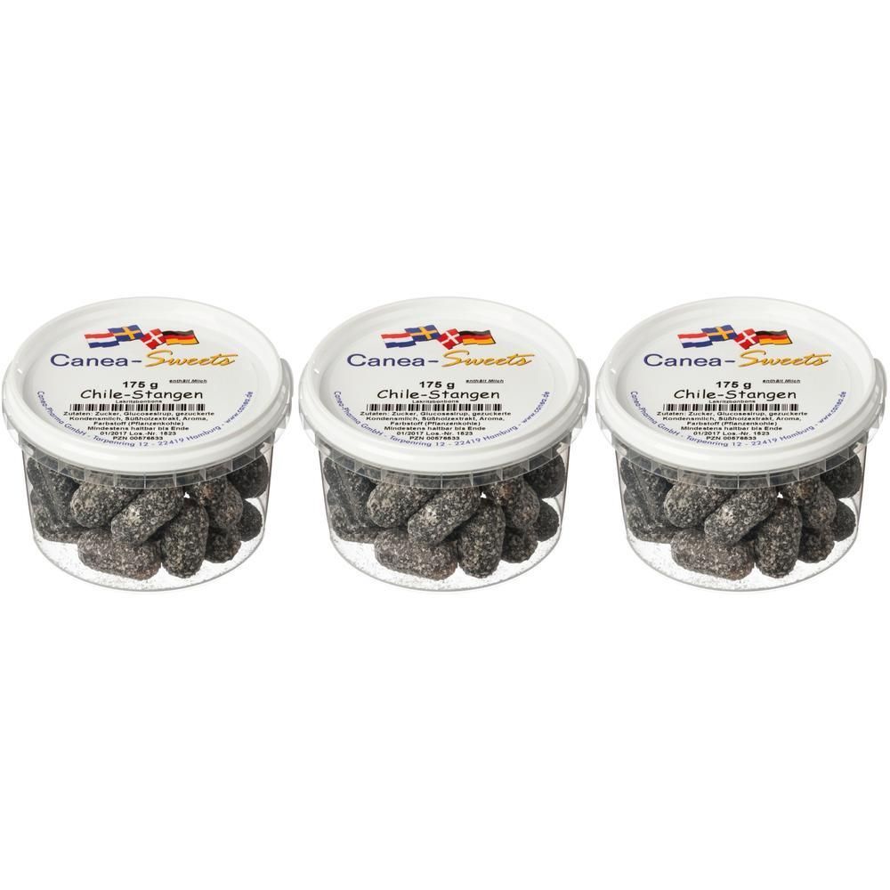 Drei Behälter mit Canea-Sweets Chile-Stangen, jeweils 175g.