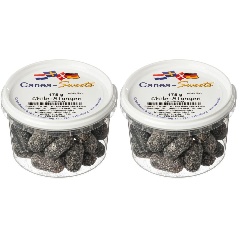 Zwei Behälter Canea-Sweets Chile-Stangen, je 175g. Dunkle, längliche Süßigkeiten in transparenten Eimern.