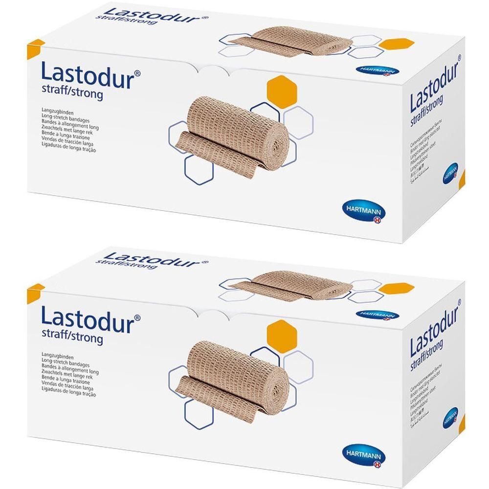 Zwei Packungen Lastodur® straff/strong Langzugbinden. Eine Binde ist aufgerollt, die andere liegt daneben.