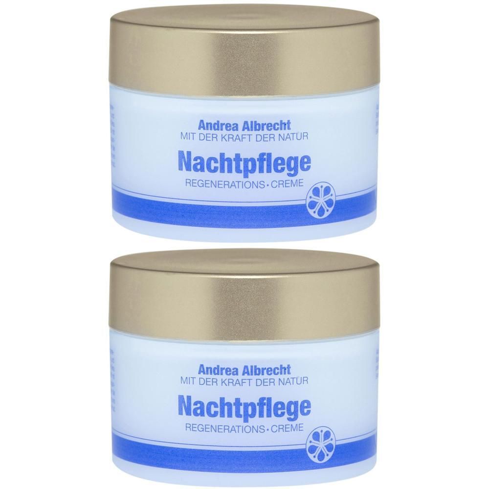 Zwei Andrea Albrecht Nachtpflege Tiegel mit goldenem Deckel und blauem Etikett.