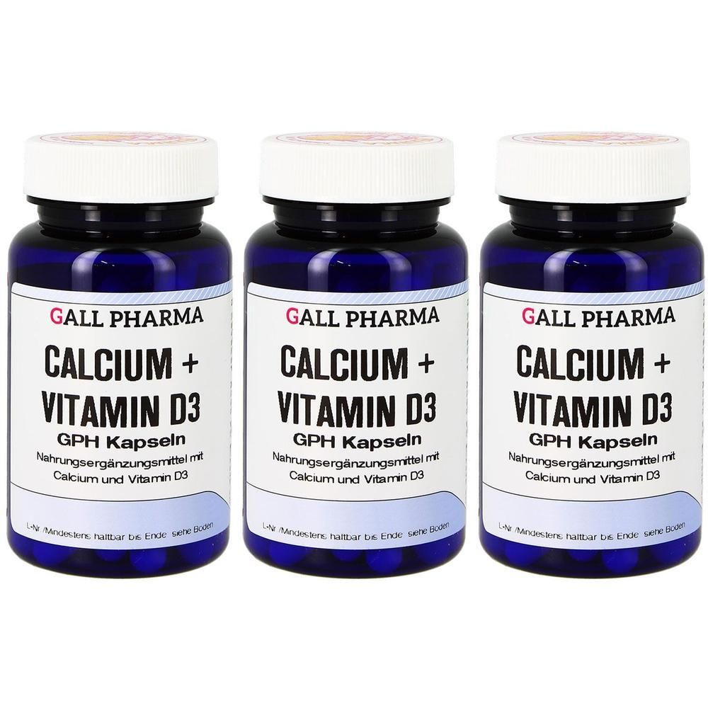 Drei Flaschen GALL PHARMA Calcium + Vitamin D3 GPH Kapseln.